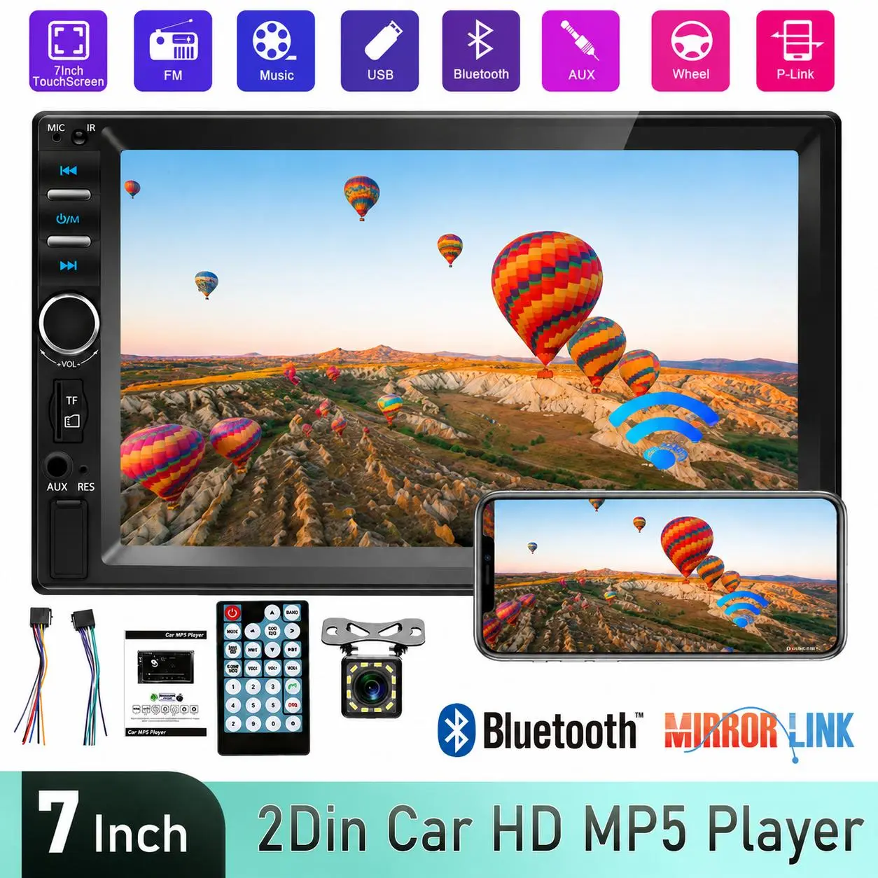 【Summerfinds】7" HD Double Din Car Stereo with Backup Camera, Bluetooth Hands-Free Calling, Mirror Link Touchscreen Radio, FM Receiver, USB/TF/AUX Multimedia Player
