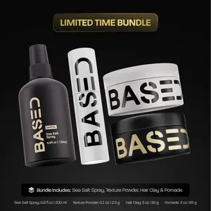 BASED Bodyworks Ultimate Straight-Wavy Hair Styling Bundle - Premium Non-Toxic Texture Powder, Clay, Pomade, Sea Salt for Men's Hair Care