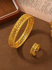 2pcs Middle Eastern Copper Plated 24k Hollow Wide Bracelet Ring Set, Vintage Luxury Party Accessories for Women