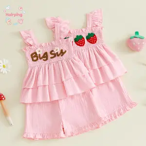 Infant Strawberry Themed Set – Bright Pink Ruffle Layered Top & Shorts, Lightweight Breathable Material, Adorable “Big Sis” & Strawberry Design, Budget-Friendly Baby Clothes