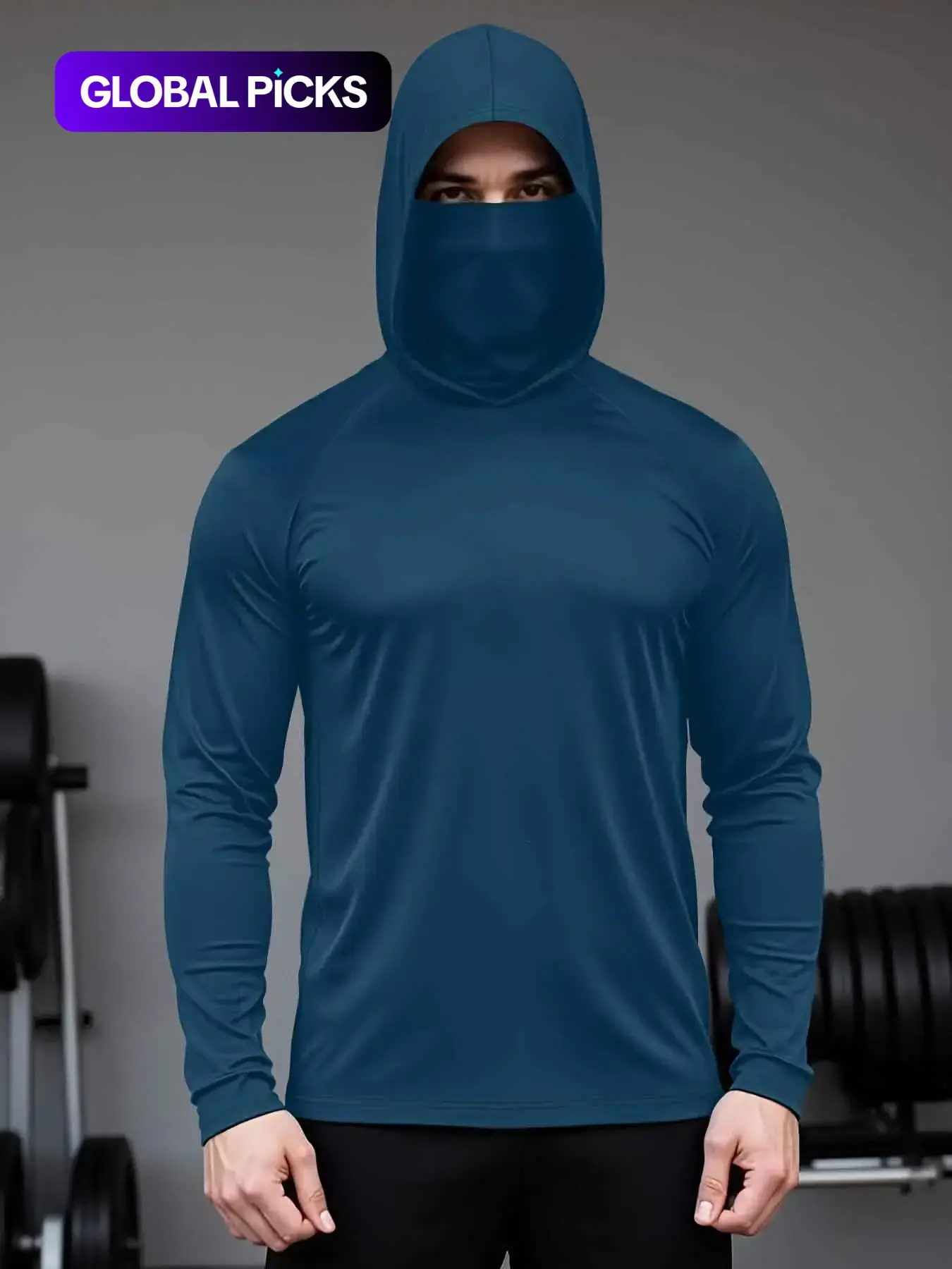 Men's Casual Hooded Long Sleeve T-Shirt with Face Mask, Quick-Dry Fabric, Full Head Coverage, Ideal for Fitness & Outdoor Adventures, Athletic Sports Clothing, Dry Fit Pullover, Dry Fit Activewear, Casual Athletic Apparel, Athletic Hooded Shirts