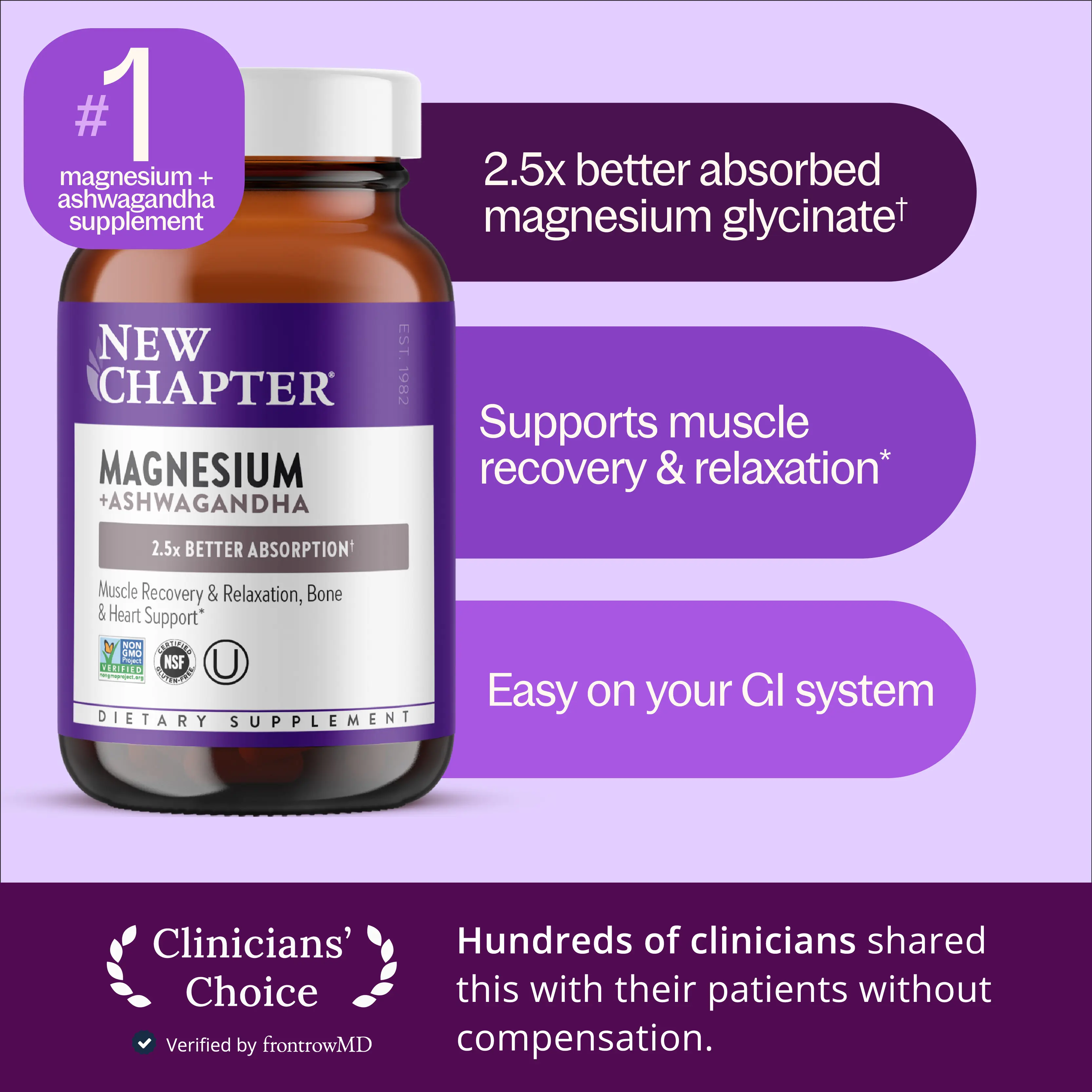 New Chapter Magnesium + Ashwagandha Supplement | 325 mg Magnesium Glycinate, 2.5x Absorption, Muscle Recovery, Heart, Bone Health & Relaxation