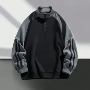 Men's Spring Autumn New Style Raglan Sleeve Striped Trendy Versatile Sweatshirt Casual Clothing with Half Zipper