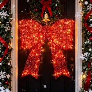 Pre-Lit Christmas Bow with 124 Warm White LED Lights, Large Outdoor LED Lighted Holiday Décor  for Front Door Gate Wall Indoor Outdoor Holiday Party