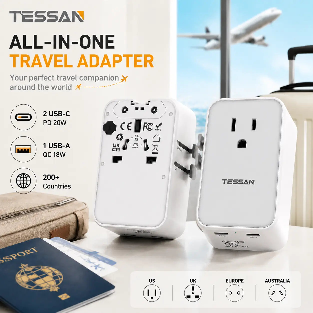 TESSAN Ultra Slim Universal Travel Adapter, International Power Plug | 20W, 2 USB-C 1 USB-A, US to European UK Spain Italy England New Zealand, Type C G A I