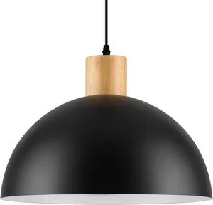 Black Solid Wood Pendant Light, 16in Modern Matte Black Pendant Lights Fixtures Adjustable Farmhouse Hanging Lighting,for Kitchen Island Dining Room Barn Office