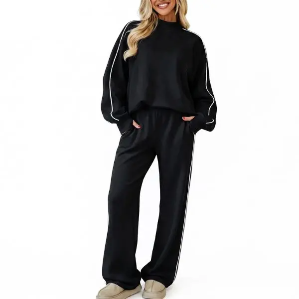 Fisoew Women's 2-Piece Ribbed Mock Neck Lounge Set - Thin Elastic Side Stripe French Terry Sweatshirt, High Waist Wide Leg Bottoms, Oversized Long Sleeve Comfy College Clothes, Navy, Pockets, Chocolate Option Available, Two Piece Sets Women, Woman 2 Piece