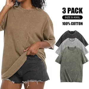 Holafish 3Pcs Women's Acid Washed Cotton T-Shirts Unisex Loose Fit Half Short Sleeves Oversized Casual Solid Streetwear Tops Vintage Classic Fit for Fitness