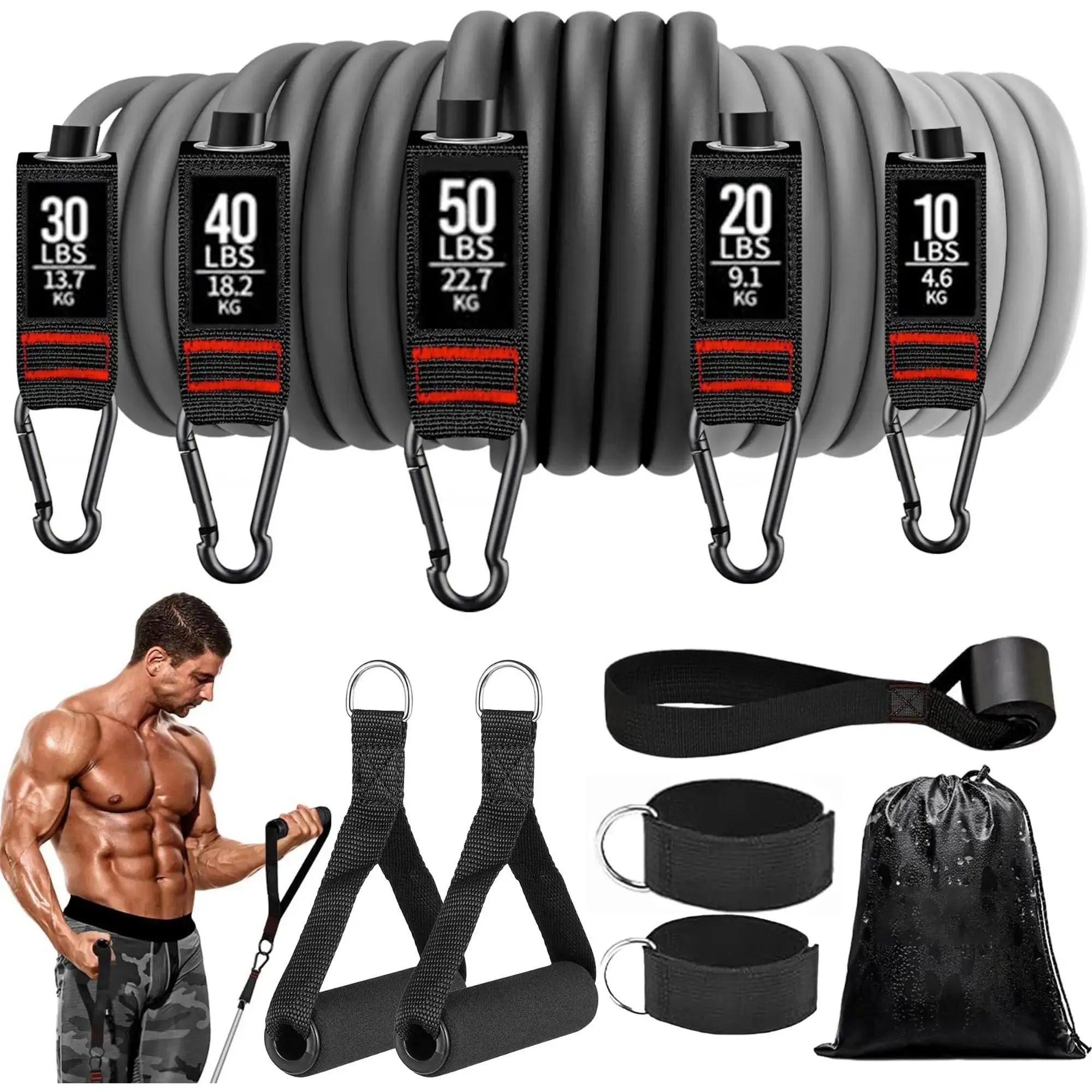 Resistance Band Set, 11 Pieces Exercise Bands, Door Anchor and Ankle Straps Included, Home Fitness Equipment, Elastic Workout Bands, Home Workout Gear