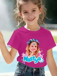 Sweet Style Girls' Clothing, Like Nastya Trendy Girl Printed Kids Top, Casual Fitted Short Sleeve Asymmetrical H-Type Random Print