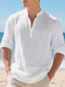 Men's linen stand-collar long-sleeved shirt, Top, Classic with lightweight and breathable fabric and a relaxed and casual fit. Perfect for beach vacations, daily casual wear and seaside outings.