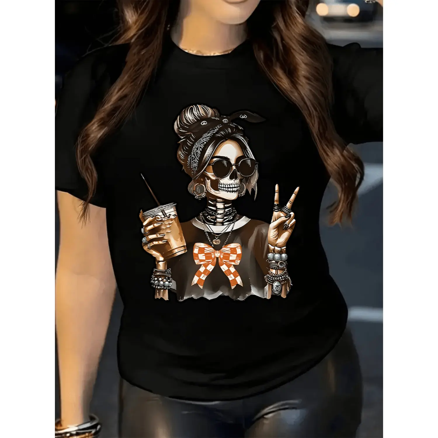 Women Skull Coffee Graphic T Shirt Edgy Skeleton Peace Sign Casual Short Sleeve Round Neck Top For Spring Summer Fall Machine Washable Gift For Sister Wife Trendy Graphic Tee Durable Print Shirt