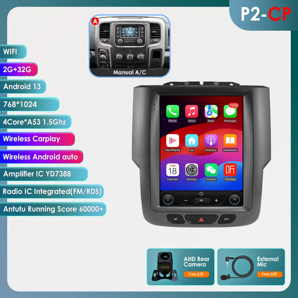 P2-CP Series 9.7" CarPlay Car Screen Android Auto Head Unit for Dodge RAM 1500/2500/3500 2013-2018 (Manual A/C Only) - 2G+32G, Android 14, 4-Core A53 1.5Ghz, WiFi Enabled, Backlit, 8-Pin Connector Autoradio with In-Car Audio, Phone, Settings, Maps Support