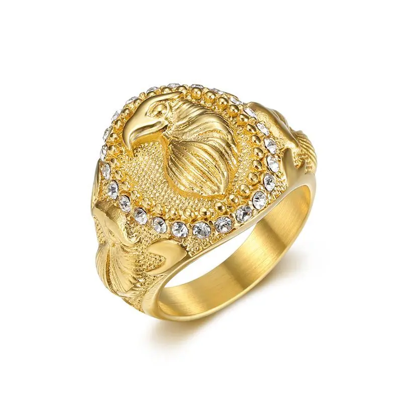 Fanshu Stainless Steel Goldplated Iced Out Zircon Gold Eagle Graphic Ring, Allergy Free Tarnish Resistant Antitarnish Plated Hip Hop Band Jewelry for Men, Fashion Gift, 316 Stainless Steel Rings, Antitarnish Plated Rings