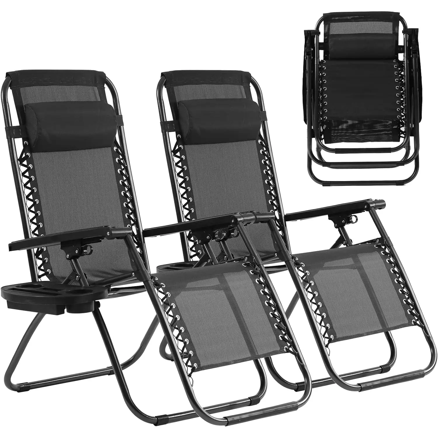2-Piece Adjustable Folding Lounger Recliner Chair Set, Black Nylon Fabric Portable Outdoor Furniture Sets with Cup Holder Trays, Adjustable Pillow for Backyard Patio, Zero Gravity Recliner, Lightweight Durable Sunloungers