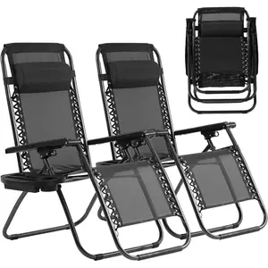 Adjustable Folding Lounger Recliner Chair Set (2-Piece), Black Nylon Fabric Portable Outdoor Patio Furniture with Cup Holder Trays, Adjustable Pillow for Backyard