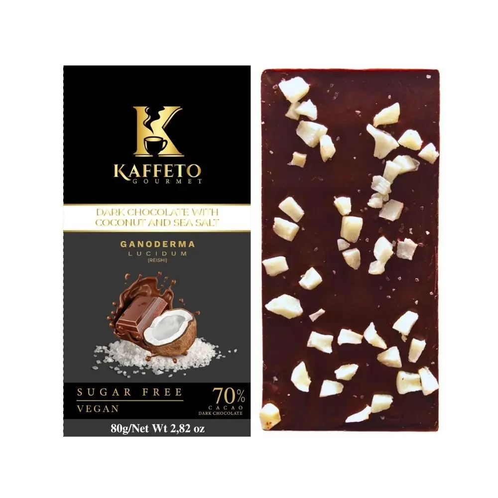 ( Pack of 5 ) Kaffeto Gourmet Dark Chocolate Bar Coconut 2.82 OzSugar Free Vegan 70% Cocoa with Ganoderma Lucidum