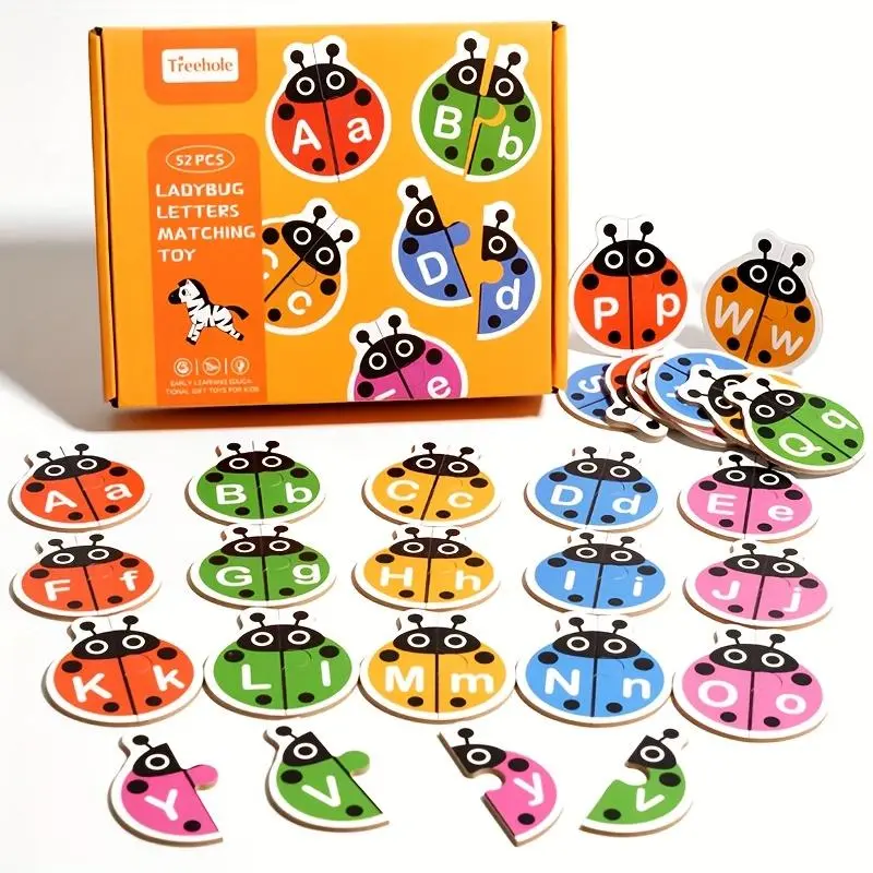 Ladybug Shaped Wooden Alphabet Matching Toy, 1 Box Colorful Letter & Animal Pattern Matching Puzzle Toy, Educational Matching Toys for Kids, Montessori Puzzles Gift, Puzzles for Toddlers