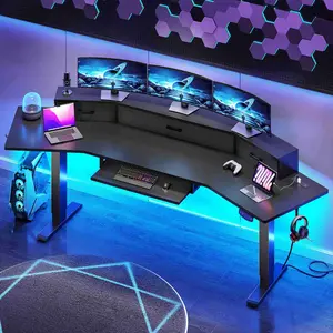 Sedeta 78-Inch Ergonomic Industrial Wood-Metal Electric Height-Adjustable Gaming Computer Desk, 3-Piece Home Office Setup with Drawers, RGB LED Lights, Power Strip, Keyboard Tray, Monitor Riser