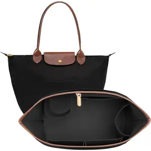 Felt Purse Organizer Insert for Longchamp Le Pliage Bag, Handbag Leather edge Longchamp Organizer Insert with Cup Holder Tote Organize(Black, Large)