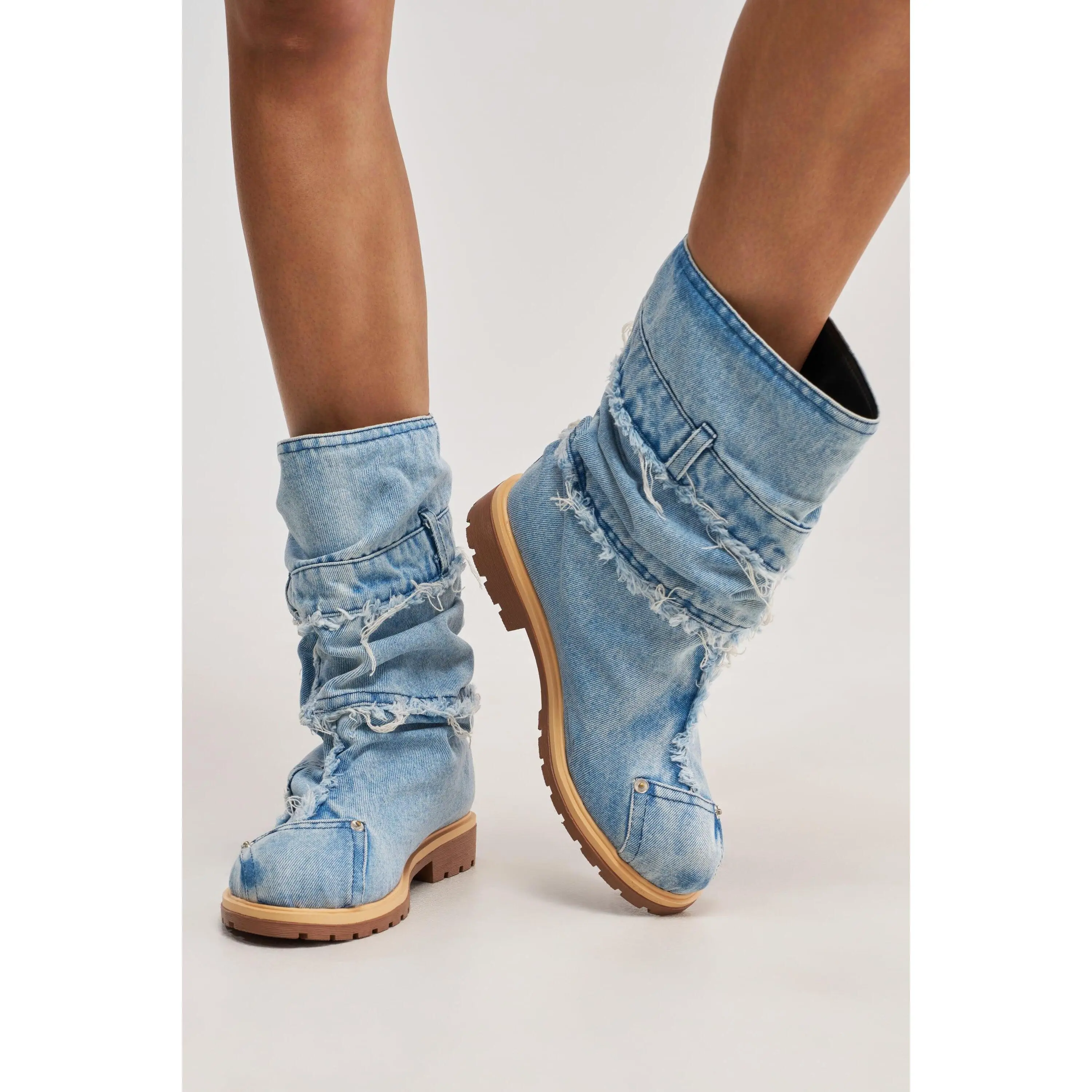 AKIRA GOLD PAPILLION DENIM FLAT BOOTIE
