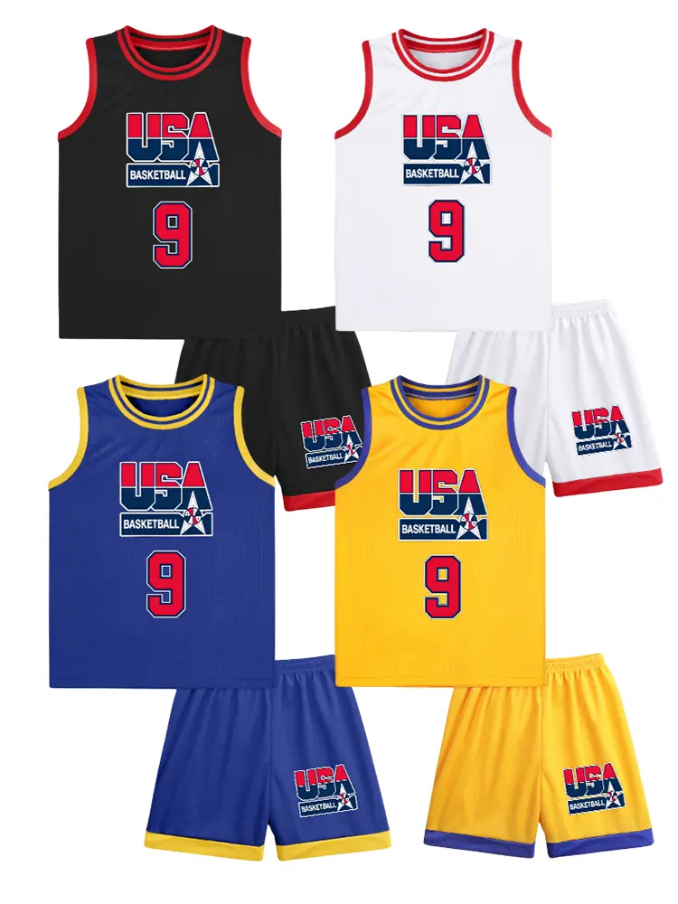 Kids Basketball Jersey Set USA #9 Youth Basketball Uniform Sleeveless Tank Top and Shorts Outfit, 100% Polyester Breathable Quick Dry Athletic Sportswear for Boys Girls, Training Game Practice, Black White Red Blue Yellow, Sizes 100cm-140cm
