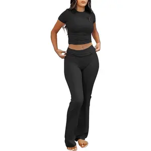 Lounge Sets for Women 2 Piece Foldover Yoga Flare Leggings Pants Crop Tops Casual Y2K Outfits Matching Tracksuit Set Athleisure Street Fit