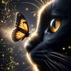 Mystic Black Cat with Monarch Butterfly 5D Full Drill Diamond Painting Kit – Enchanted Fantasy Design with Shimmering Black & Gold Accents – Magical Pet Art DIY Wall Decor – Ideal Handmade Gifts for Cat Lovers & Craft Enthusiasts