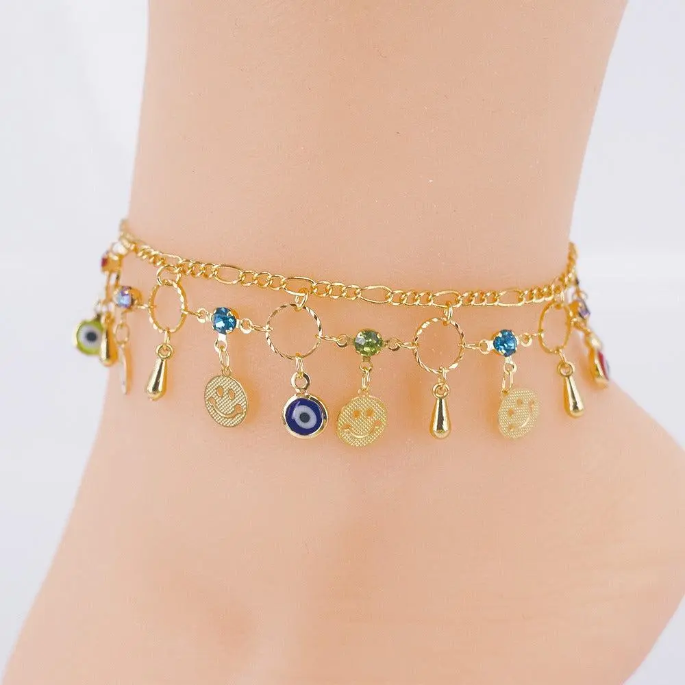 18-Carat Layered Real Gold-Plated Smiley Face Evil Eyes Charm Bracelet Anklet, Stackable Gold Bracelet #26, Charm Bracelet Anklets