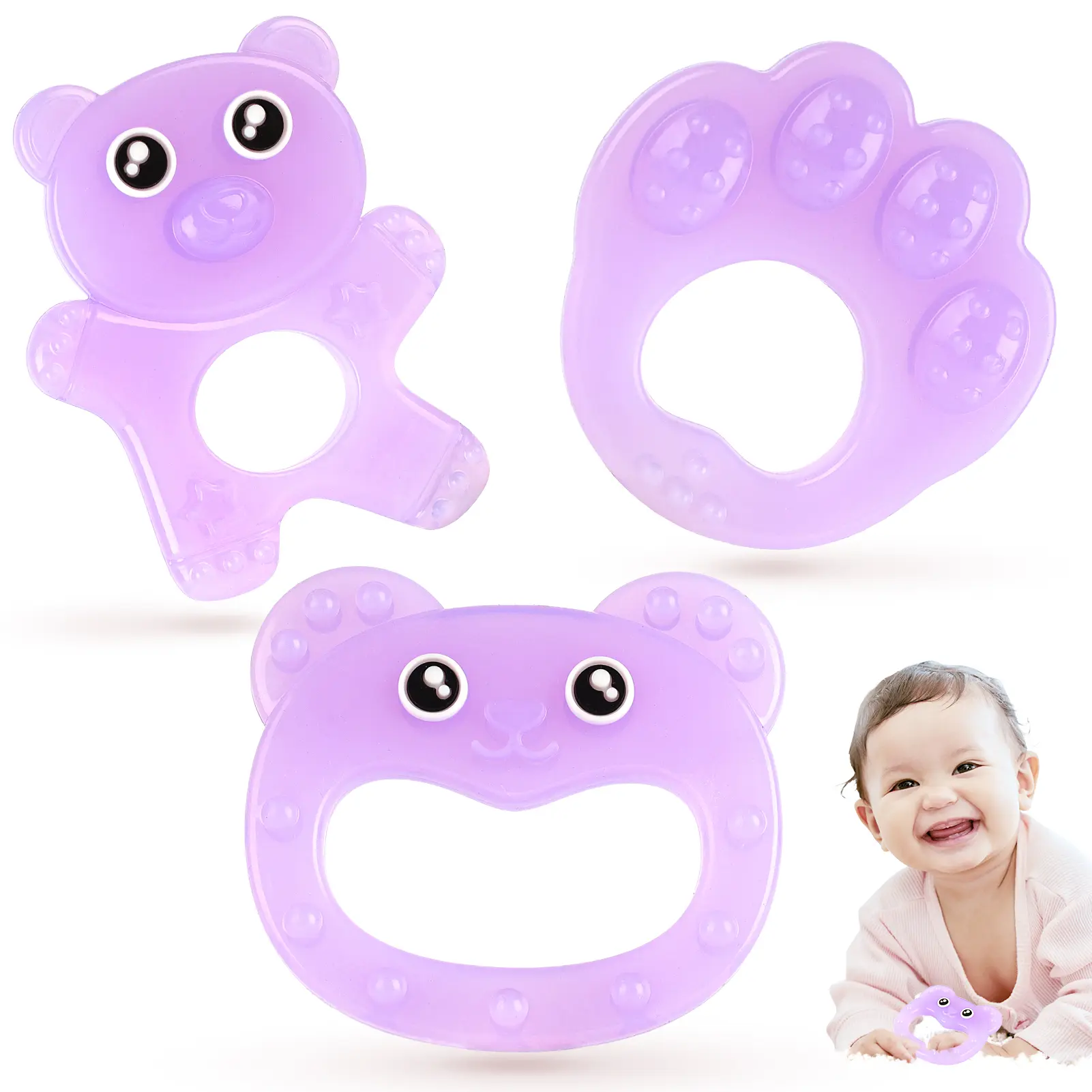 Cute Dinosaur & Bear Baby Teething Toys, Pink, Purple, Green & Transparent Silicone Teethers for Infants, BPA-Free, Soothes Gums with Massage Points, Easy to Hold & Clean, Ideal Baby Shower Gift