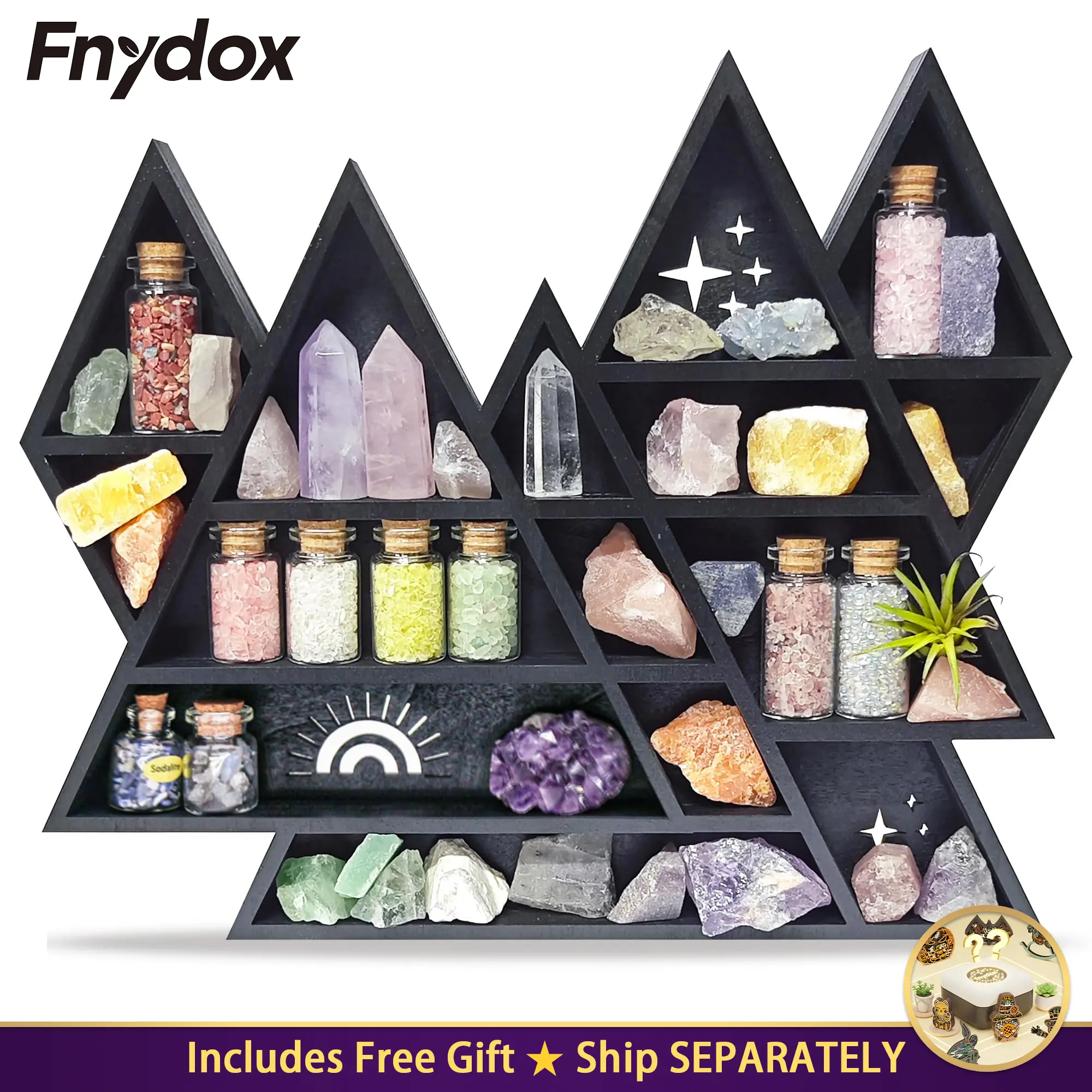 Triangle Mountain Crystal Shelf Display, Trinket Shelf, Rock Display Case | Wooden Triangle Rock Gem Stone Storage Holder, Meditation Room Decor, Spiritual Gift, Wall Hanging, Knick Knacks