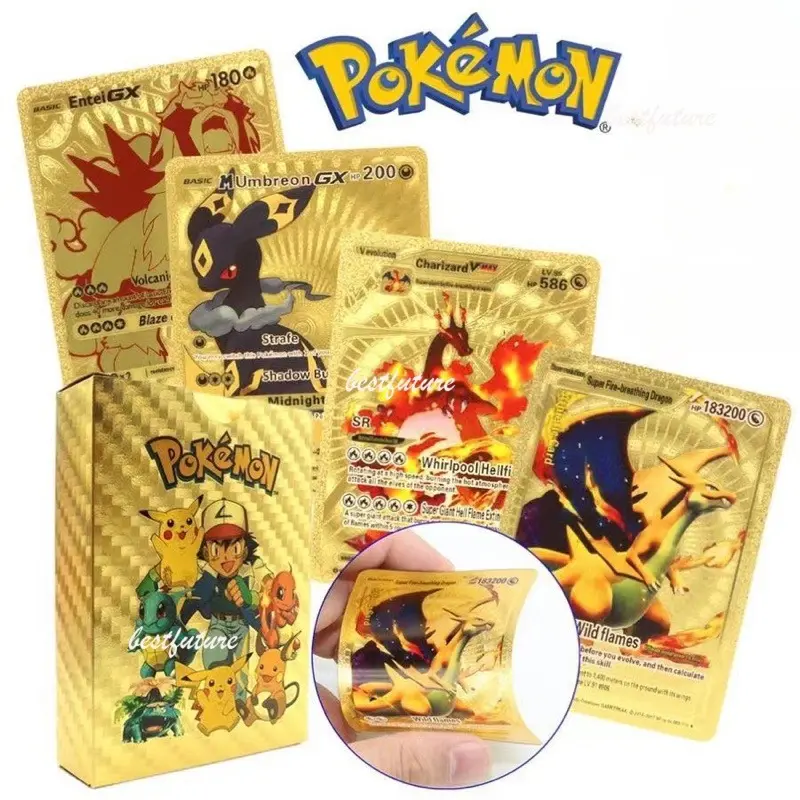 55Pcs Pokemon Gold Foil Card VMAX GX Cards English Spanish German Pikachu Charizard Arceus Colour Pokémon Cards Gift Pokemon TCG Elite Trainer Box Pokemon TCG Elite Trainer Box, pokemon dark edition, paldea evolved top cards