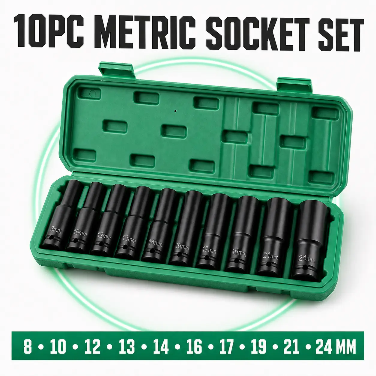 10PC 1/2 Drive Deep Impact Socket Set Metric 8-24mm Heavy Duty 6-Point Mechanic Tools with Green Storage Case Roadside Emergency Tire Change Kit Lug Nut Remover Garage Essentials for Impact Wrench Auto DIY Car Accessories