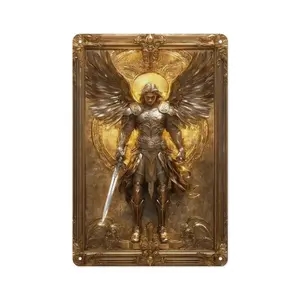 1pc Archangel Michael Golden Wings Metal Tin Sign, 8x12 Inch Vintage Art Decor Poster, Pre-Drilled for Easy Hanging, Ideal for Home, Garage, Club, Restaurant Wall Decor, Outdoor Plaque, No Electricity Needed, Metal Wall Art Decor, 2D Flat