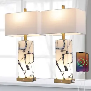 Natural Marble Table Lamps Set of 2: 3-Color Temperatures Alabaster Lamp with Nightlight, Bedside lamps with USB Ports, Bedroom Lamps for Night Stands End Table lamps for Living Room, Bulbs Included