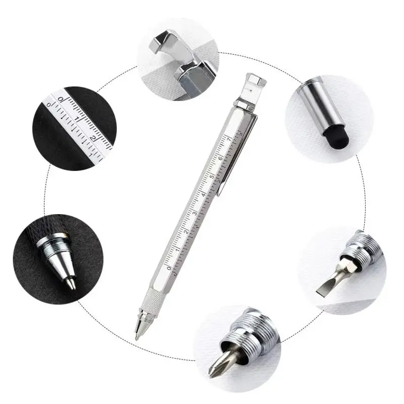6-in-1 Compact Metal Multi-Tool Ballpen Set with Screwdriver, Ruler, Bottle Opener, Stylus, Phone Stand & 5 Refills – Office Stationery Accessory for Assembly, Home & On-the-Go Use