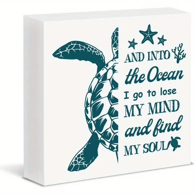 Sea Turtle Sign Decor Summer Coastal and Into the Ocean Wood Block Sign Home Office Bathroom Decorations Table Desk Shelf Decoration Signage 5x5 inch
