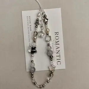 Fashion Silver Star Pearl Beaded Beaded Pendant Phone Strap Charm For iPhone Samsung Universal Accessories Chain Lanyard Phone Charms Phone Chains Phone Accessory Phone Wrist Strap Gift