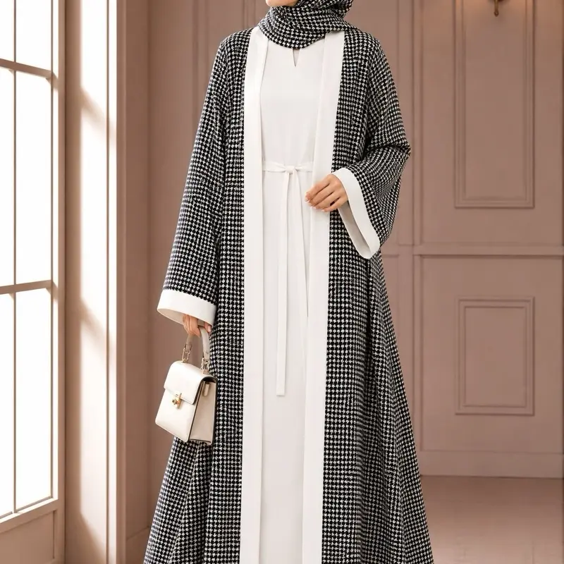 Women's 4-Piece Chic Floral All Over Print Abaya Set - Traditional Dubai Muslim Modesty Wear, Long Sleeve, Plain Inner, Scarf, Belt, Full High-Coverage, Elegant Everyday Casual, All Seasons, Default Medium/54 Size, Elegant Everyday Wear, Loose