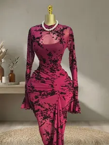 QFAF Women's Long Sleeve Ruched Mesh, Sheer Transparent Long Dress with Tank Lining, Birthday and Parties Formal Flocking Floral Bodycon Midi Maxi Dresses, Streetwear Clothing, Holiday Clubwear Sexy Ruched Dress Chic Womenswear Lady