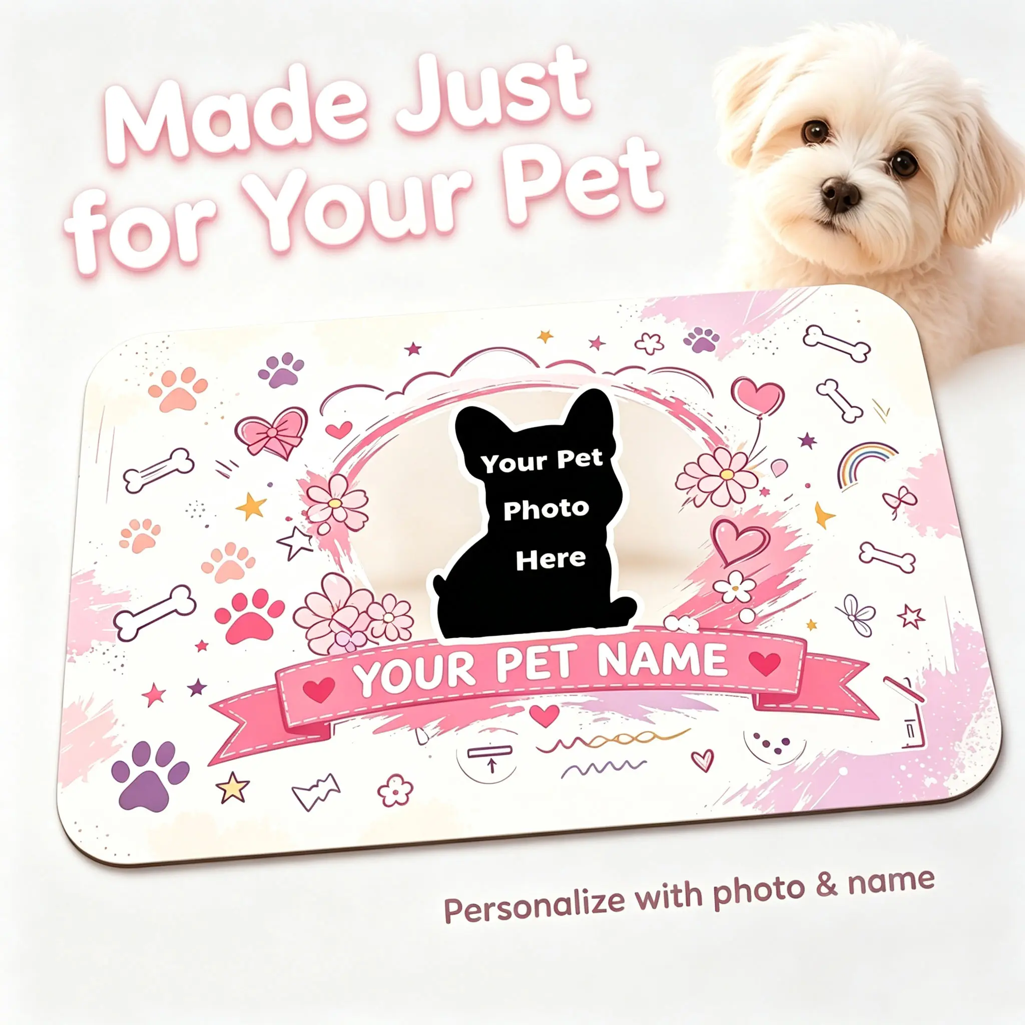 Personalized Custom Pet Feeding Mat with Photo & Name — Send Pet Picture & Name via Message, Absorbent Non-Slip Rubber Back Quick Dry Diatomite Dog Cat Food Water Bowl Mat, Floor Protection Pet Placemat, 3 Sizes -- raised