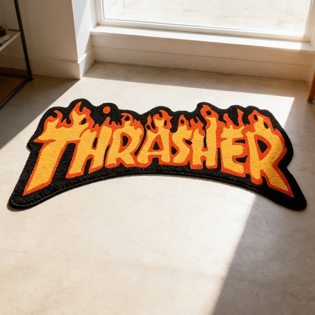American Street Flame Logo Rug, Trendy Anti-Slip Carpet, High Stretch Soft Velvet Art Mat, Thrasher Brand Skateboard Style Decorative Pad