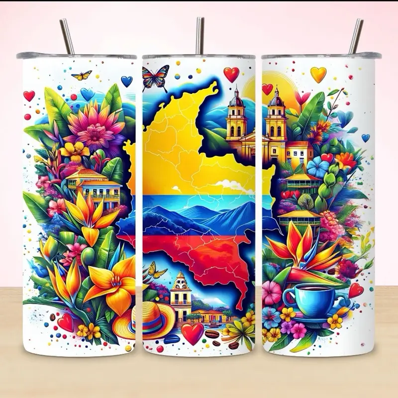 Colombia Tumbler 20 oz - Colorful Design with Flowers and Landmarks Featuring a Map of Colombia