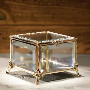 Vintage Transparent Glass Jewelry Box, Ring Storage Case, Home Decor Display Box, Ornaments, 4.6x4.6x3.2 Inches, Ideal for Rings and Accessories