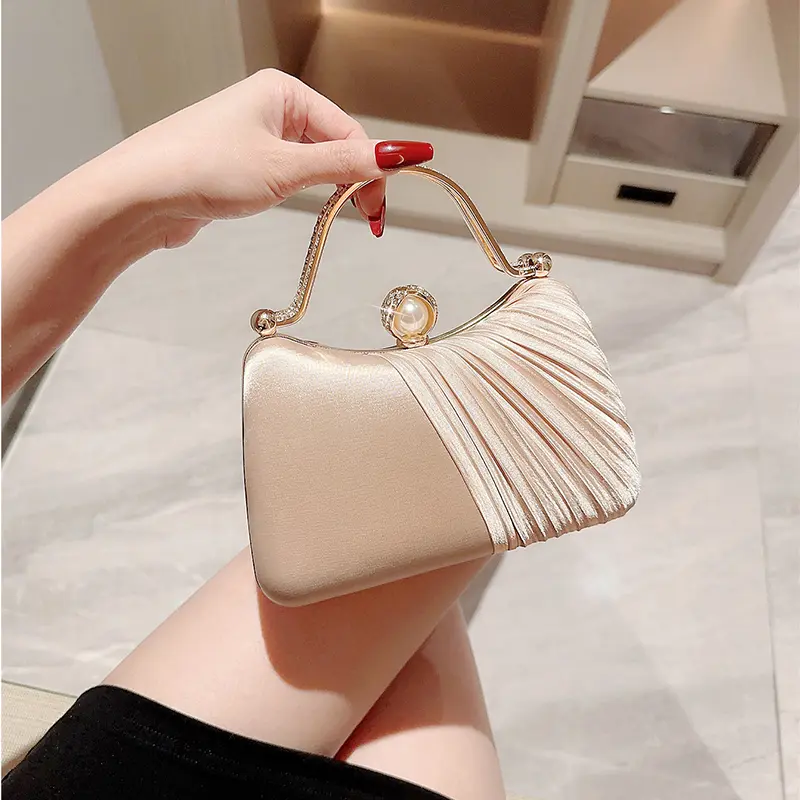 Women's Luxurious Apricot Satin Pleated Evening Handbag - Crystal Rhinestone Decor, Magnetic Closure, Pebble Leather Chain Crossbody, Polyester Synthetic Fabric, Female Handbag Shoulder Purse Clutch for Weddings, Parties (Do Not Wash), Crystal Decor