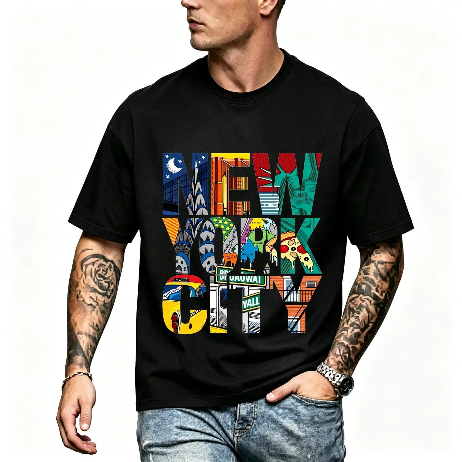 Menswear Short-Sleeve T-Shirt for Men, Crew Neck, Vibrant Cityscape Graphic Print, Urban-Inspired Design, Trendy Comfortable Tops, Shortsleeve