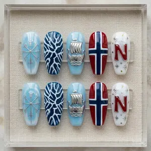 Norway Football Press On Nails 3D Soccer Silver Viking Boat Game Day