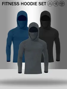 Men's 3-Pack Fitness Hoodie Set with Face Cover, Quick Dry Activewear Long Sleeve Workout Hooded Shirt, Athletic Hoodies, Athletic Sun Protection Top for Gym, Running, Training, Outdoor Sports, Athletic Clothes