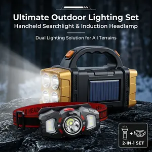 2-Piece Outdoor Lighting Set | Solar Rechargeable LED Headlamp & Handheld Searchlight for Camping & Hiking