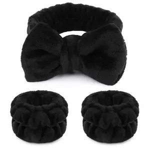 Makeup Headbands, 1count Black Spa Headband Fluffy Bow Tie Headband Microfiber Face Headband, and 2Pcs Wrist Spa Wash Band Absorbent Wristbands, for Washing Face Skin Care